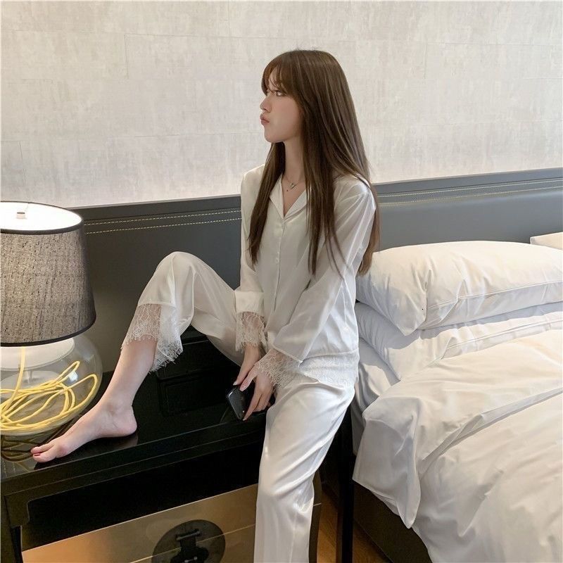 Women's Sleepwear Pijamas Women Silk Nightgown Spring Autumn Long Sleeve Trousers Sexy Lace Sleepwear V-neck Loose Casual Simple Thin Pajama Sets