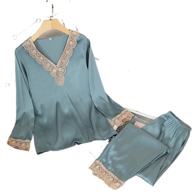 Women's Sleepwear 4611c-4 Womens Silk Satin Pajamas Pyjama set Sleepwear Pajamas Suit Female Sleep Two Piece Set Loungewear Home Wear49b1-1 23030