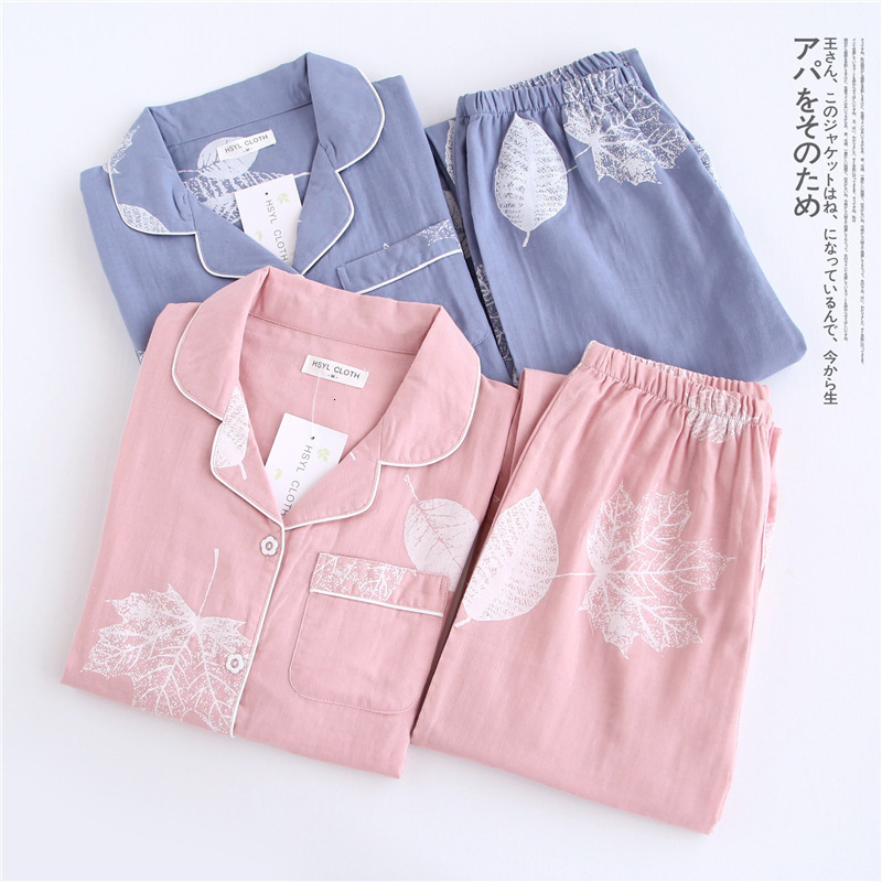 Women's Sleepwear Fresh pajamas sets women 100% gauze cotton Japanese simple maple leaves long sleeve casual sleepwear women pyjamas 230309