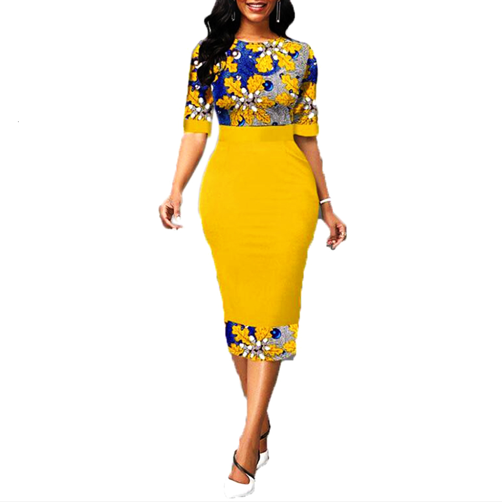 Casual Dresses Summer Dress Yellow Elegant Floral Print Party Dress for Woman ONeck Half Sleeve Slim Office Work Vestidos Sexy Bodycon Dresses 230309