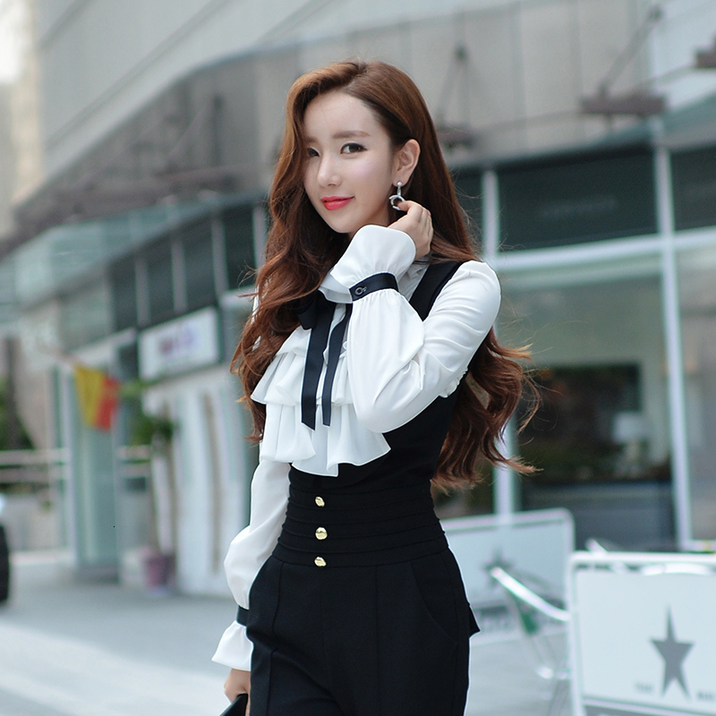 Women's Blouses Shirts Dabuwawa Autumn Winter White Blouse Women Ruffles Bow Tie Shirts Long Puff Sleeve office lady Elegant Blouse Top 230309