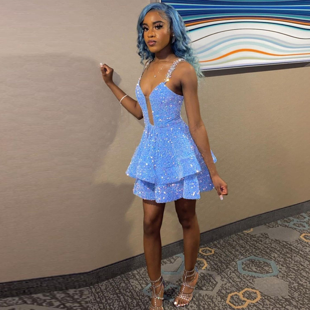Glitter Blue A Line Homecoming Dresses Spaghetti Strap Tiere Prom Gown for Special Occasion Sequins Mini Club Wear
