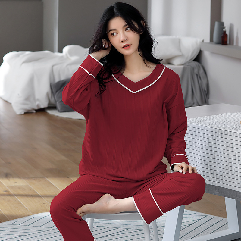 Women's Sleepwear M-5XL Casual Plus Size Full Cotton Pajamas Women Autumn Winter Pyjamas Suit Female Long Sleeve Loose V Neck Sleepwear Set 23030