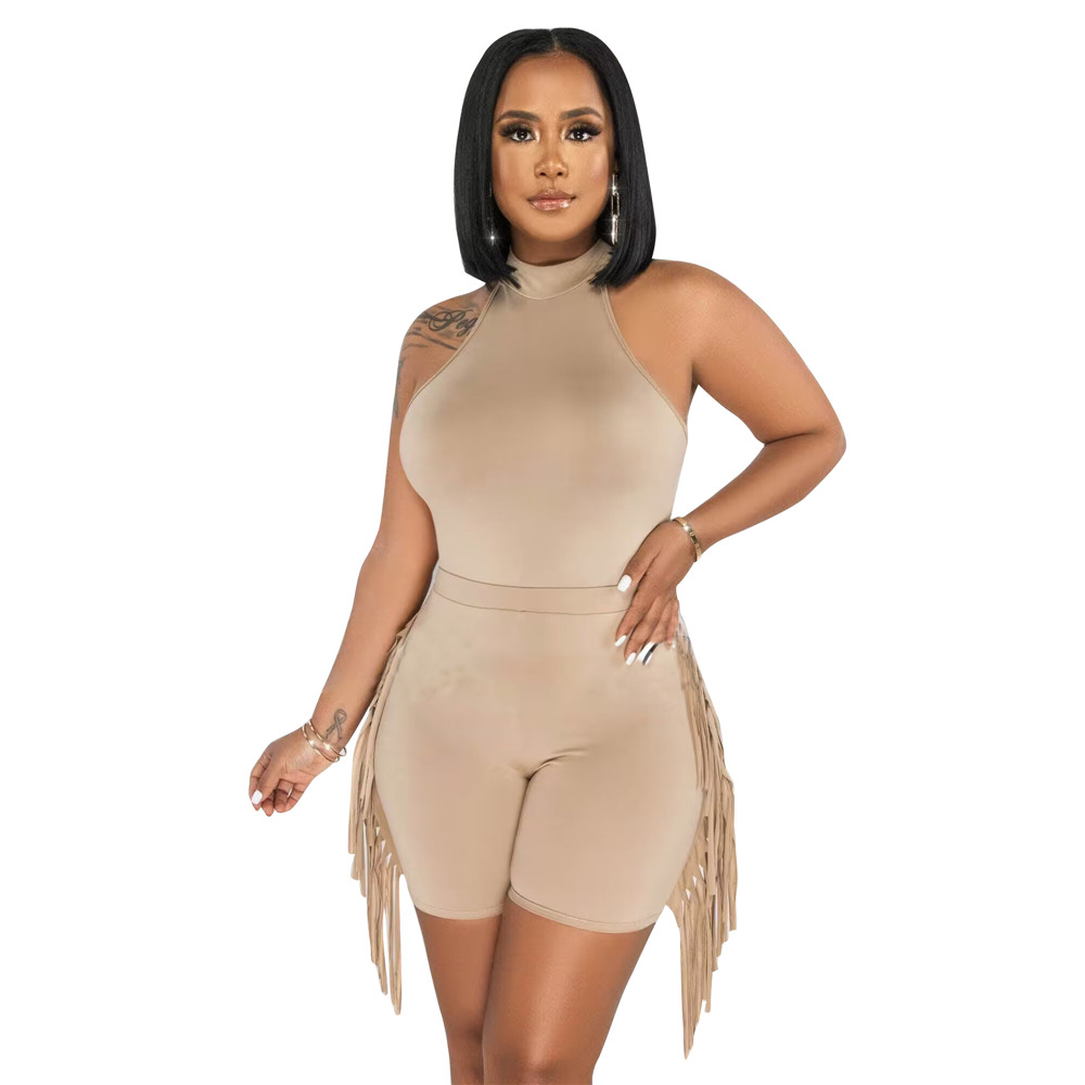 NEW Designer Summer Tracksuits Women Sleeveless Bodysuits and Tassels Shorts Two Piece Sets Matching Outfits Solid Sweatsuits Wholesale Clothes 9430