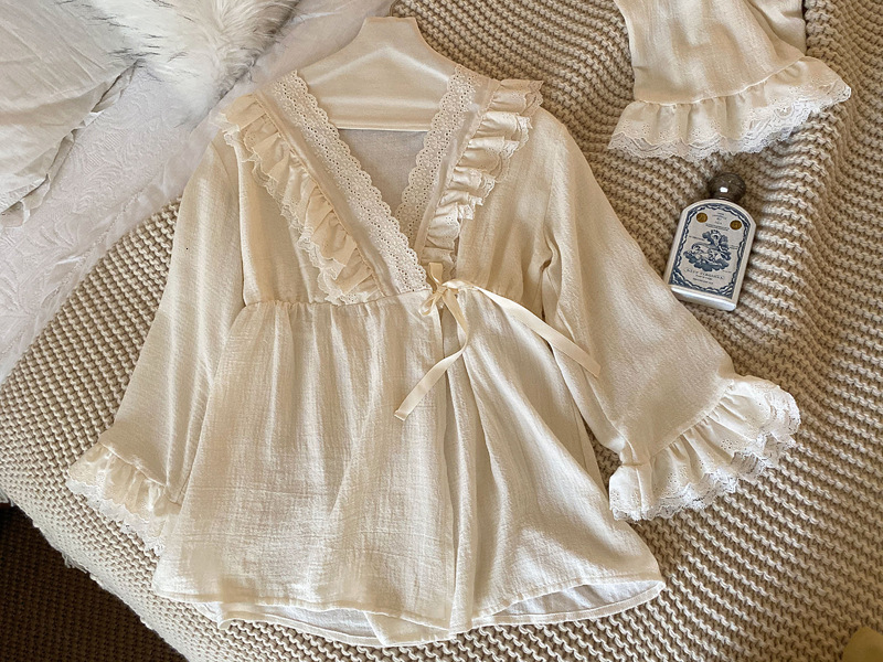 Women's Sleepwear Pajamas Women Autumn Cotton Sleepwear Lace sleeve Pajama set 230309