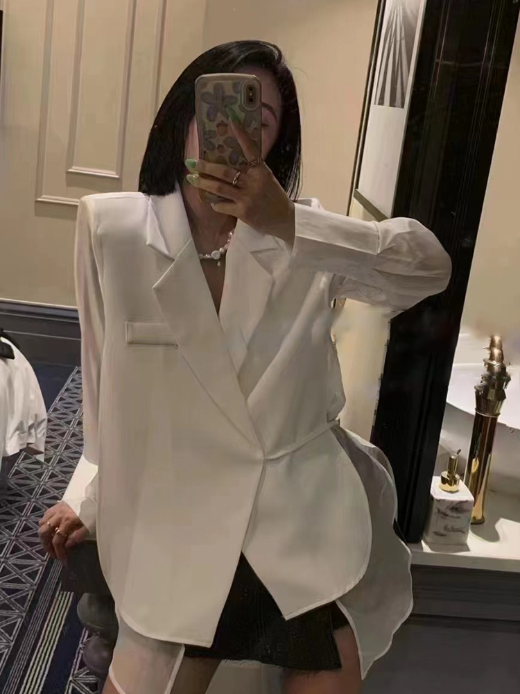 Women's Two Piece Pants TWOTWINSTYLE Spring Fashion Solid Blazer For Women Notched Collar Long Sleeve Lace Up Loose Blazers Female Clothing Style