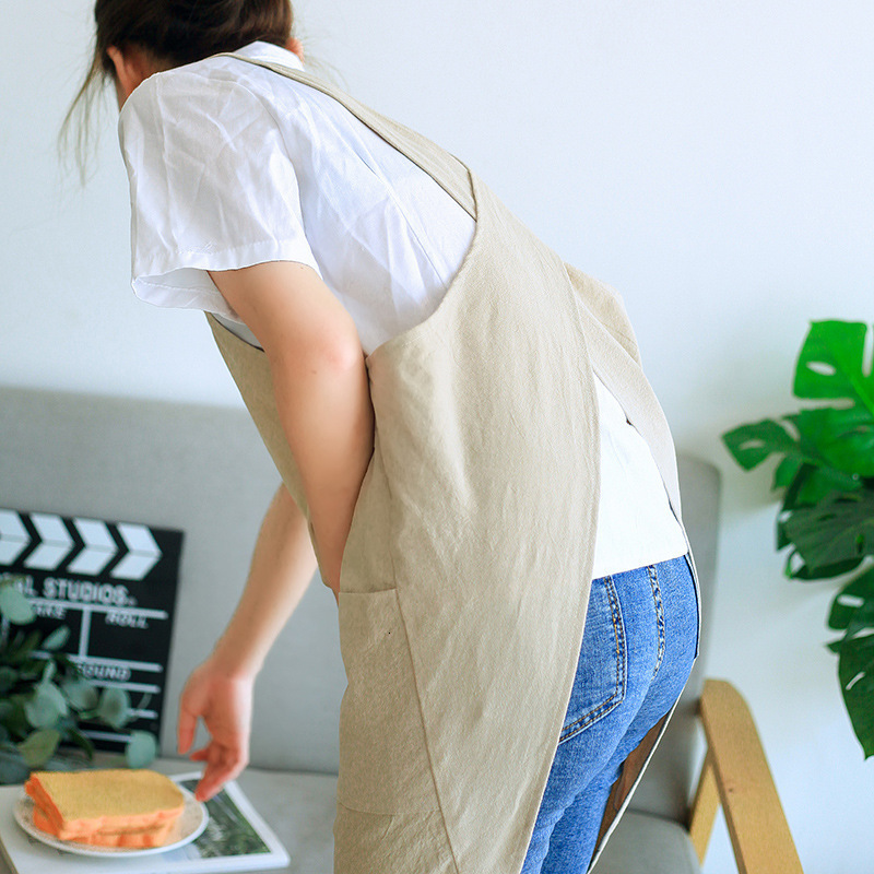 Aprons Waterproof Women Cotton Linen Cross Back Japanese Housework Kitchen Cooking Double Pocket Florist Working 230308