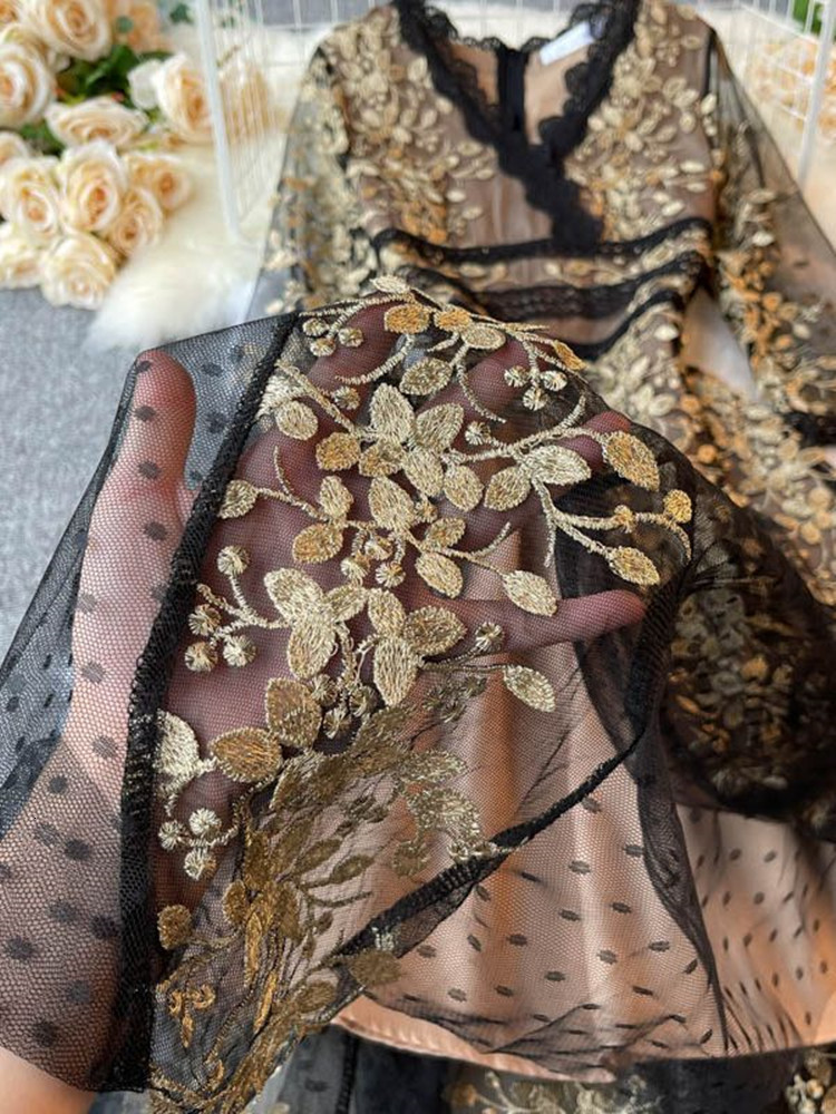 Casual Dresses Fashion Ladies Embroidered Flower Dress Women V Neck Half Sleeve Elegant Vintage Dot Mesh Patchwork Lace Long Vestidos 230309