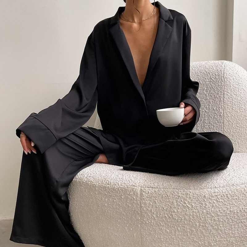 Women's Sleepwear Women's Pajamas Silk Pajamas Low Cut Sexy Single-Breasted Long Sleeves Wide Leg Pants Pyjamas Sets Sleepwear Loungewear Wo