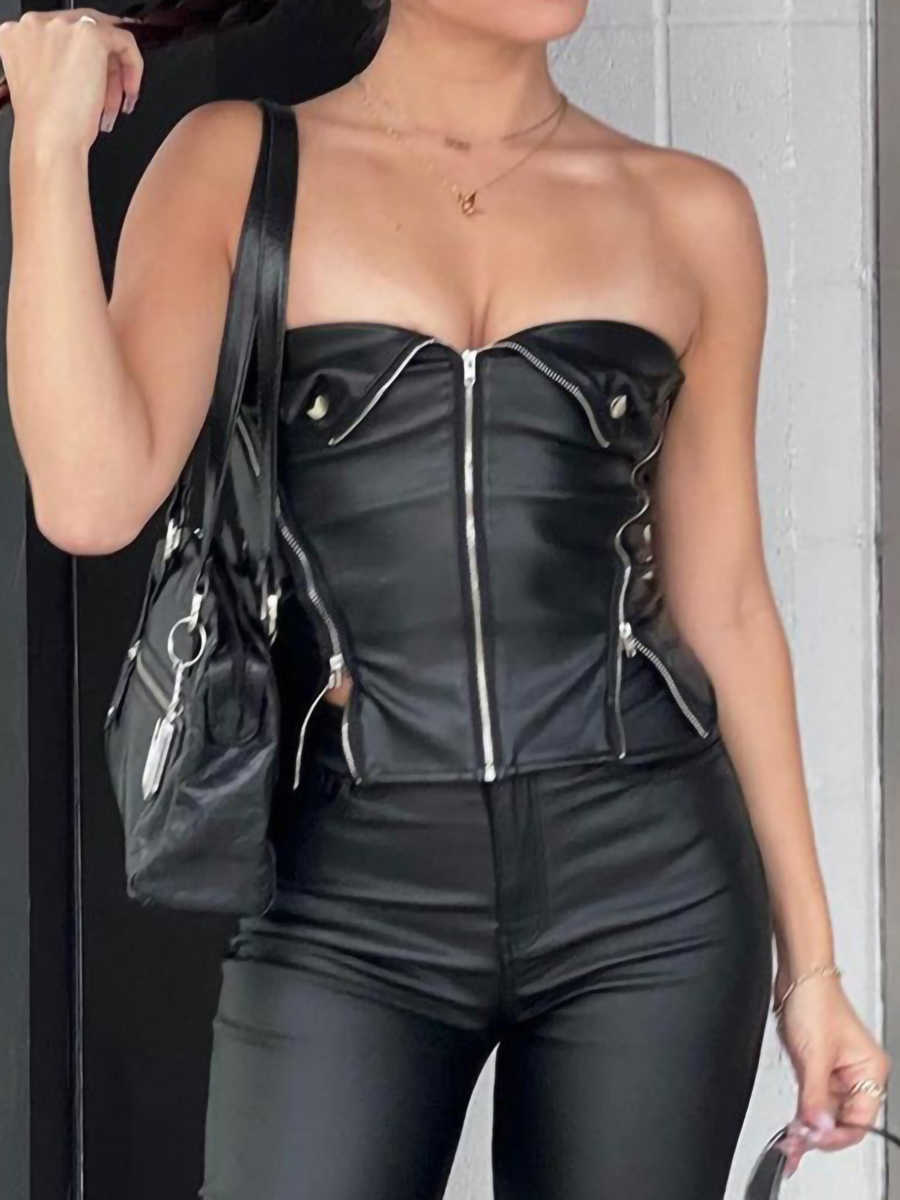 Women's Knits Tees Women's Spring Summer Tube Tops Black Sleeveless Off Shoulder Vest PU Leather Bandeau Chest Wrap Streetwear Y2K Clothing 
