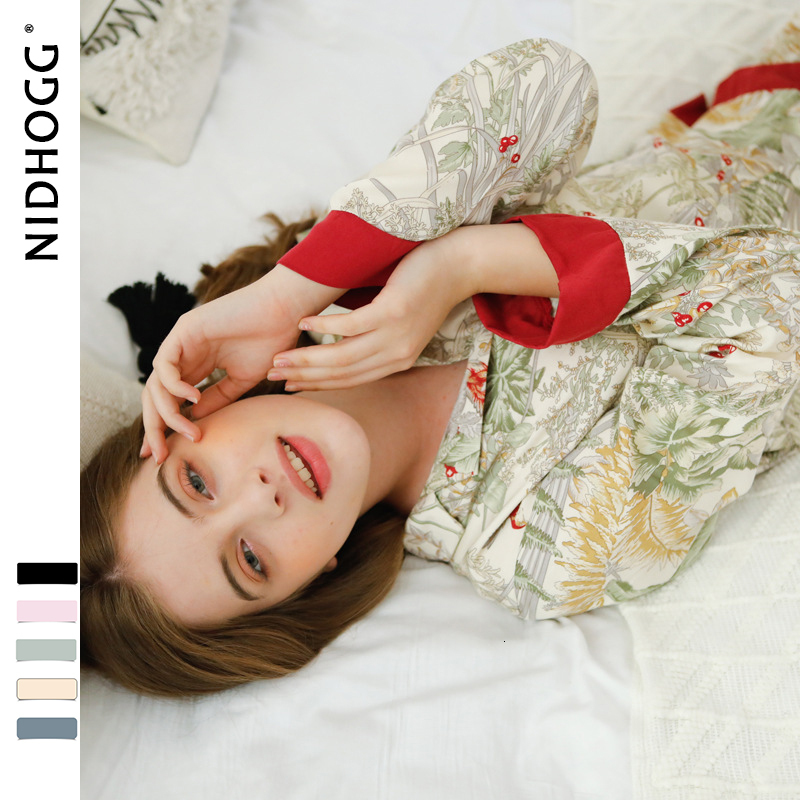 Women's Sleepwear Spring Casual Long Sleeve Satin Pajama Set Green Grass Printing Sleepwear Loungewear Women Turn-down Collar Pijama Mujer 230309