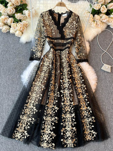 Casual Dresses Fashion Ladies Embroidered Flower Dress Women V Neck Half Sleeve Elegant Vintage Dot Mesh Patchwork Lace Long Vestidos 230309