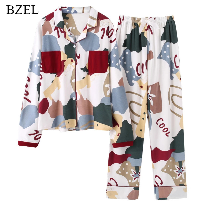 Women's Sleepwear BZEL Autumn Winter Sleepwear 2 Piece Sets For Women's Cotton Pajamas Turn-down Collar Homewear Large Size Pijama Pyjama XX