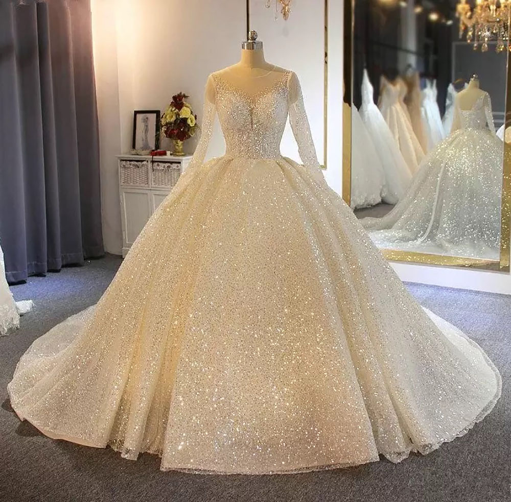 Wedding Dresses White Bridal Gowns Ivory A Line O-Neck Long Sleeve Sweep Train Sequined Applique Illusion New Custom Lace Up Zipper Wed Dresses Wed