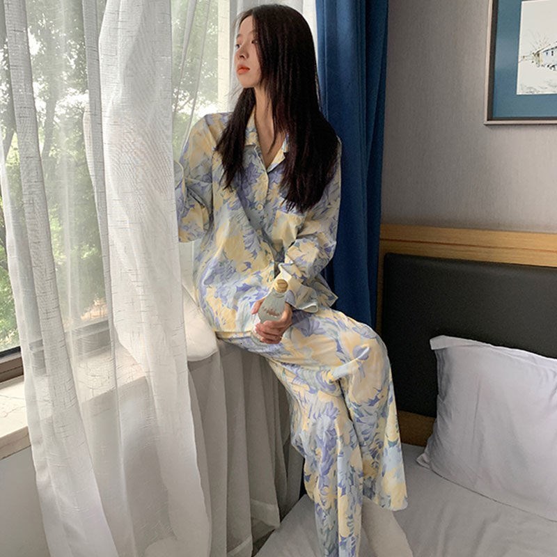 Women's Sleepwear Women Pajama Sets Spring Autumn Long Sleeve Floral Vintage Fashion Nightwear Loose Elegant Pyjamas Female Leisure2-piece M-3XL 