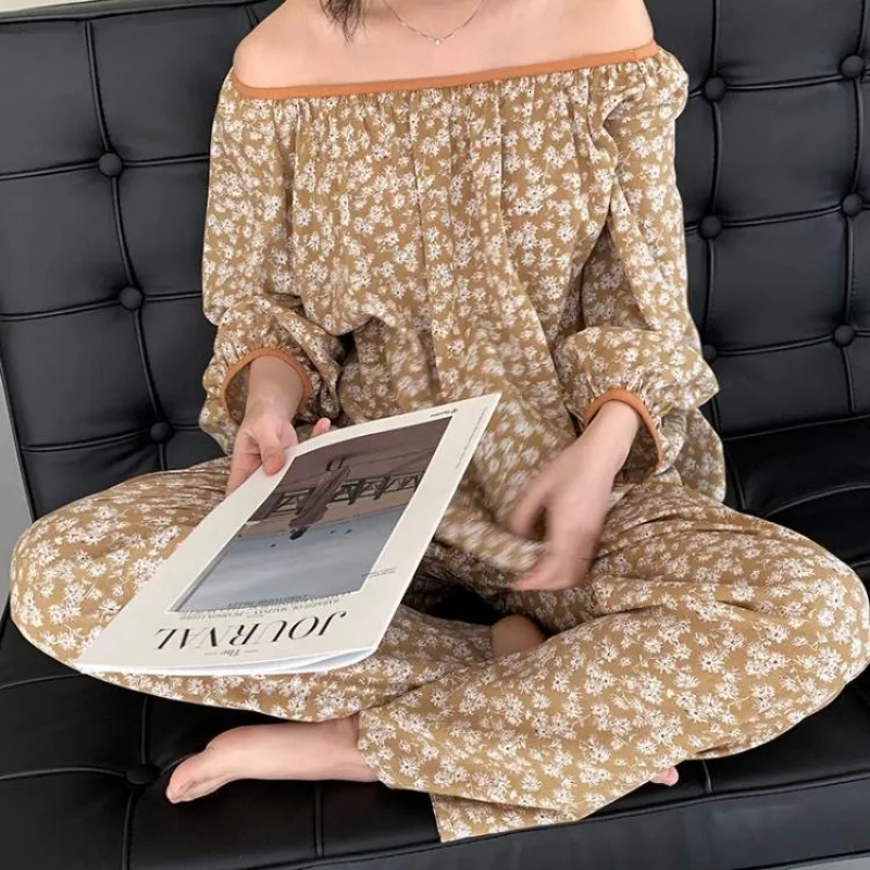 Women's Sleepwear Pajama Sets Women Vintage French Style Casual Chic Comfortable Ladies O-neck Sleepwear Print Soft Ins Autumn Basic Lounge Daily