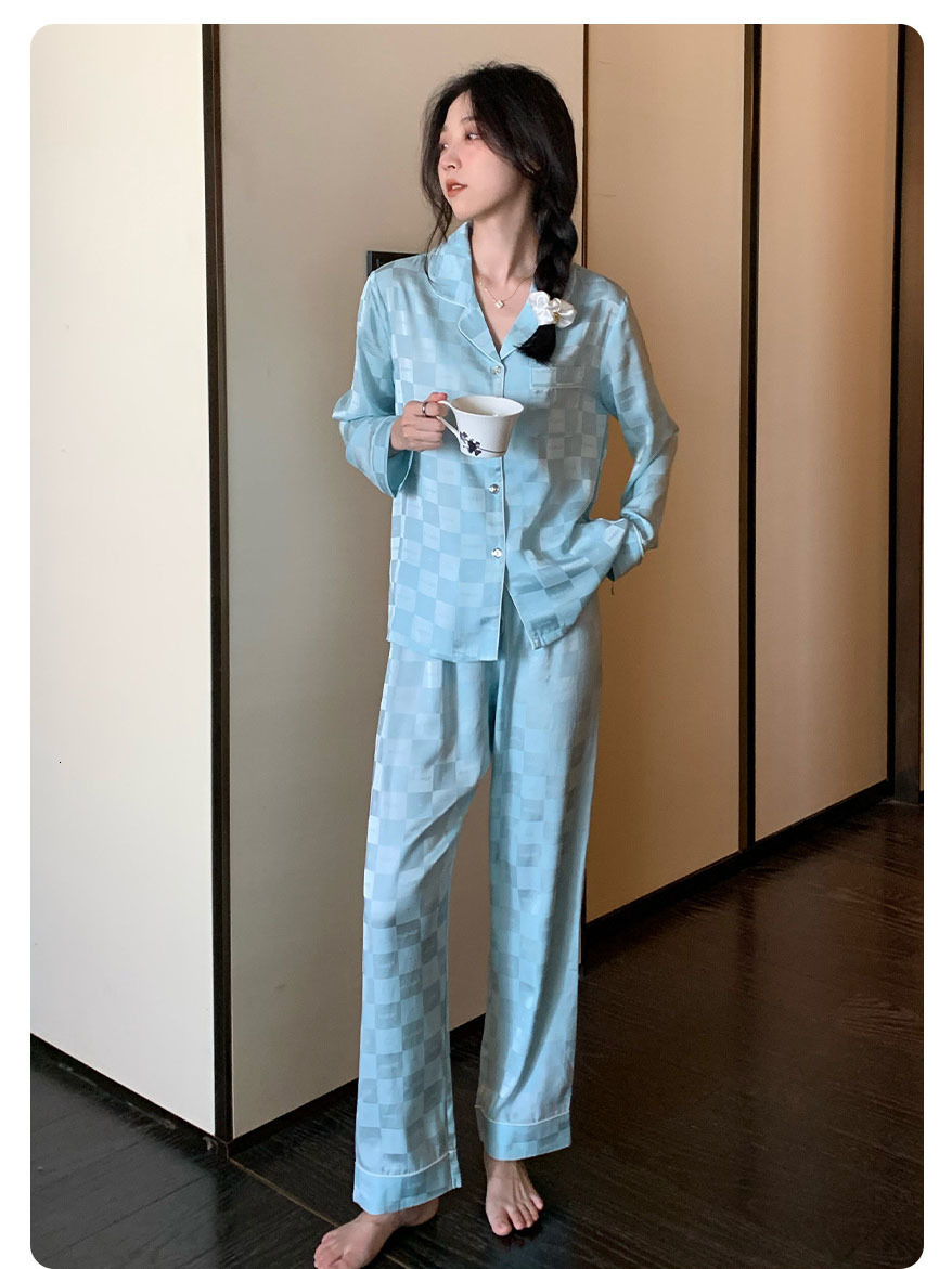 Women's Sleepwear CRLAYDK Spring Women's Long Sleeve Pajamas Set Satin Sleepwear Silk Soft Button Down Loungewear Jacquard Plaid Nightwear 2