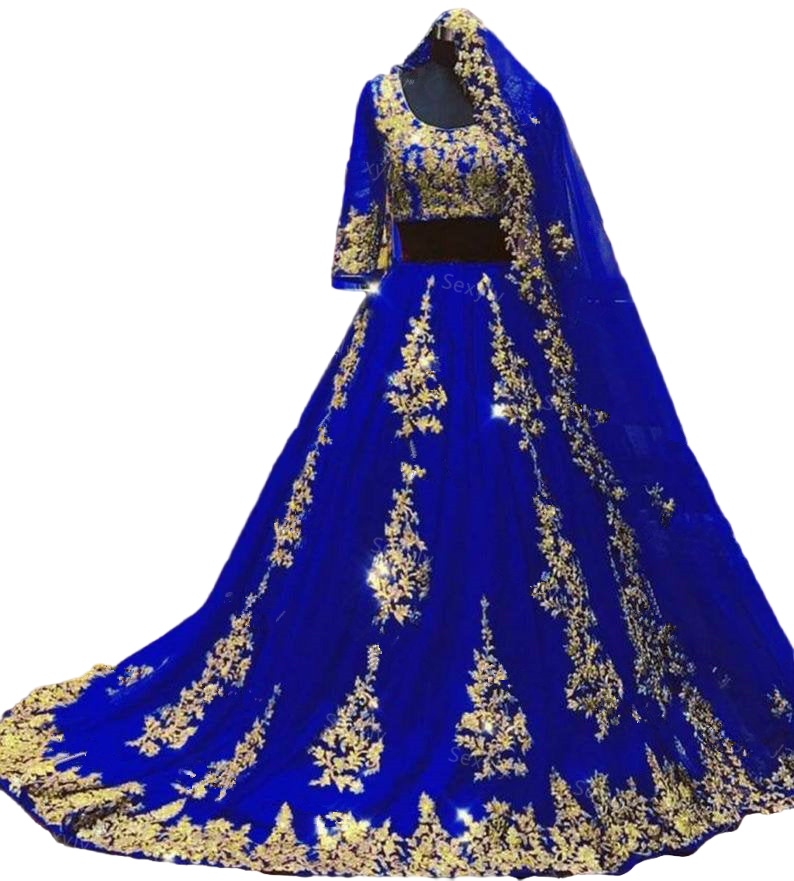Sexy Indian Arabic burgundy a-line Wedding Dresses With cape veil Two Piece gold lace Muslim Half Sleeve Blue Dubai Bride Gown