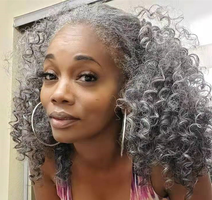 silver gray kinky curly human hair ponytail Salt and pepper ponytails for black women fashion hot grey pony tail hairpiece dye free natural highlights