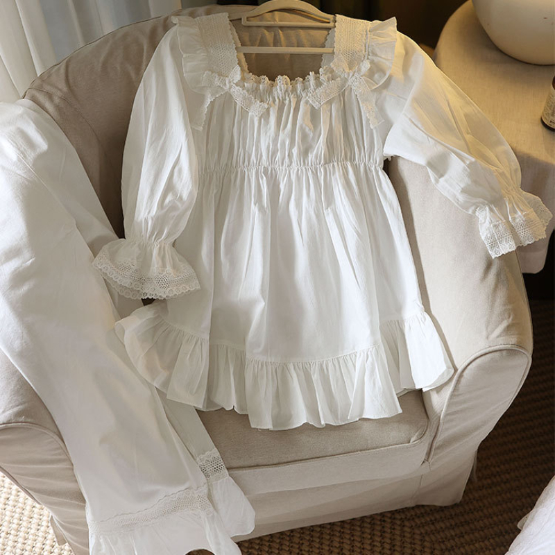 Women's Sleepwear Pure Cotton Vintage Pajamas Women Spring Autumn Sweet Lace Ruffles Sleep Tops Bottoms Long Pants Pajama Sets Princess Sleepwear