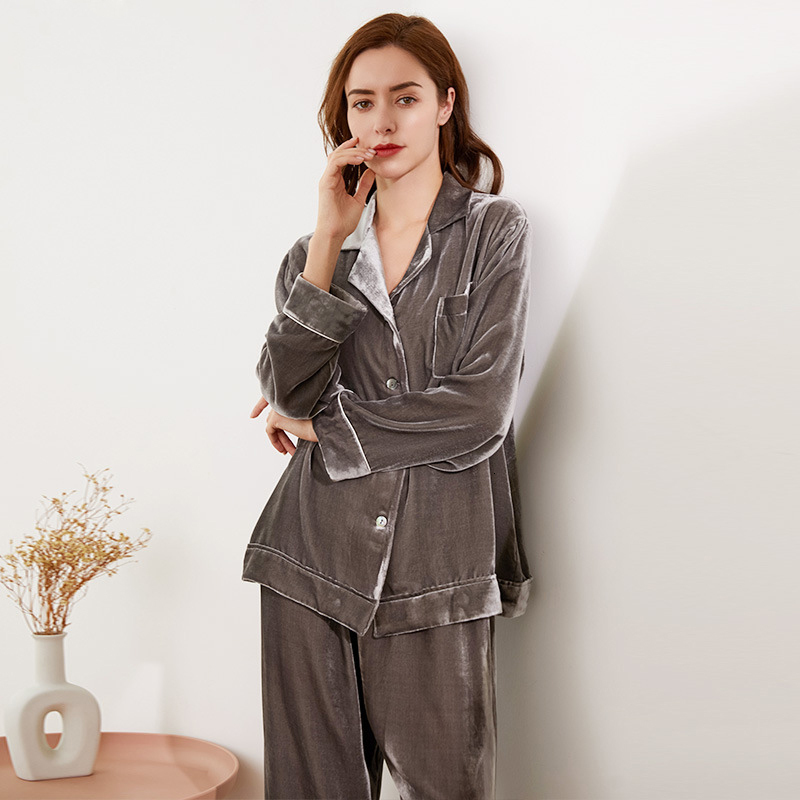 Women's Sleepwear Velvet Silk Pajamas Set for Women's Autumn and Winter 2 pieces Home Suit 100% Pure Silk Sleepwear Spring Home Service 2303