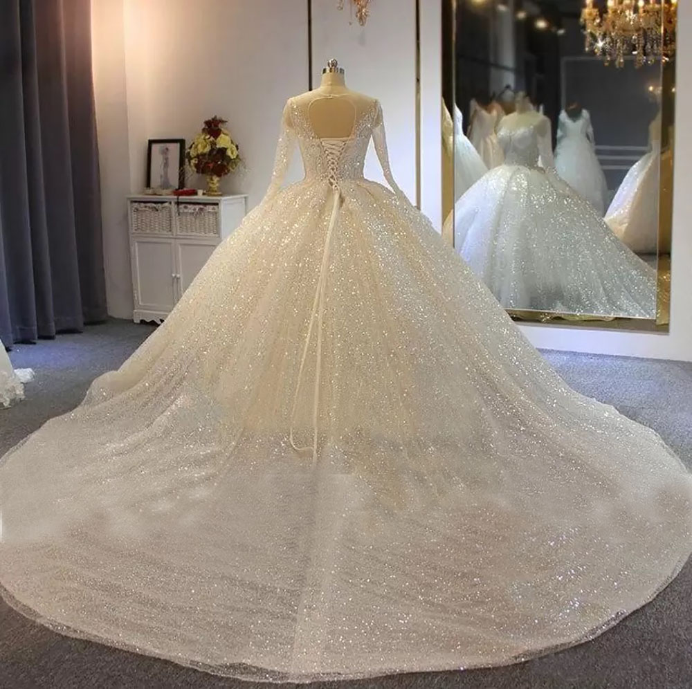 Wedding Dresses White Bridal Gowns Ivory A Line O-Neck Long Sleeve Sweep Train Sequined Applique Illusion New Custom Lace Up Zipper Wed Dresses Wed