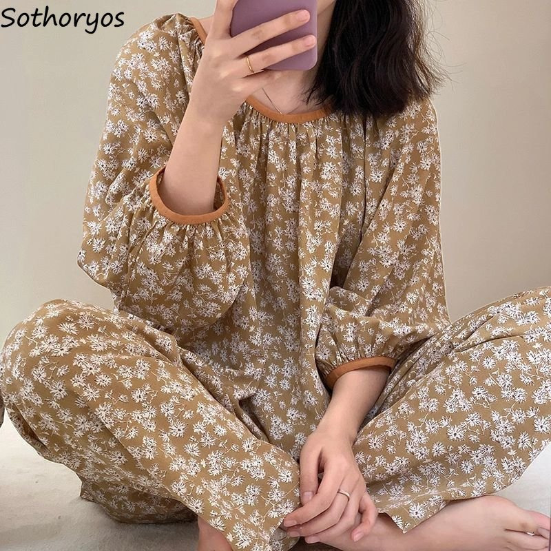 Women's Sleepwear Pajama Sets Women Vintage French Style Casual Chic Comfortable Ladies O-neck Sleepwear Print Soft Ins Autumn Basic Lounge Daily