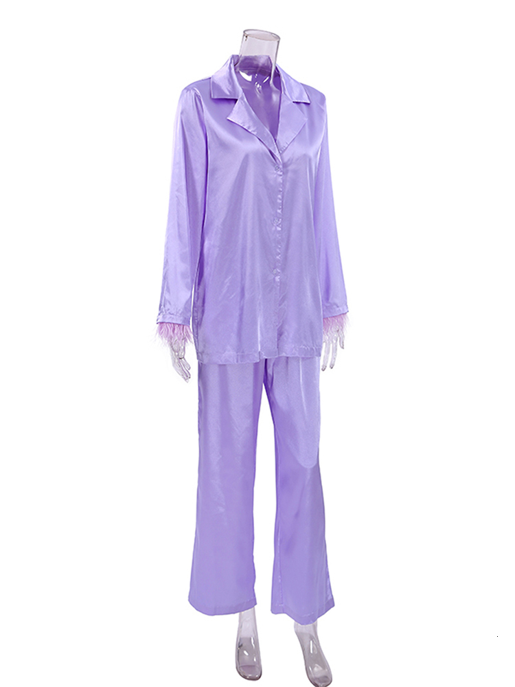 Women's Sleepwear Hiloc Feathers Satin Pajamas For Women Sets Lapel Splicing Sleepwear Women's Suit Single-Breasted Nightwear Winter Fashion