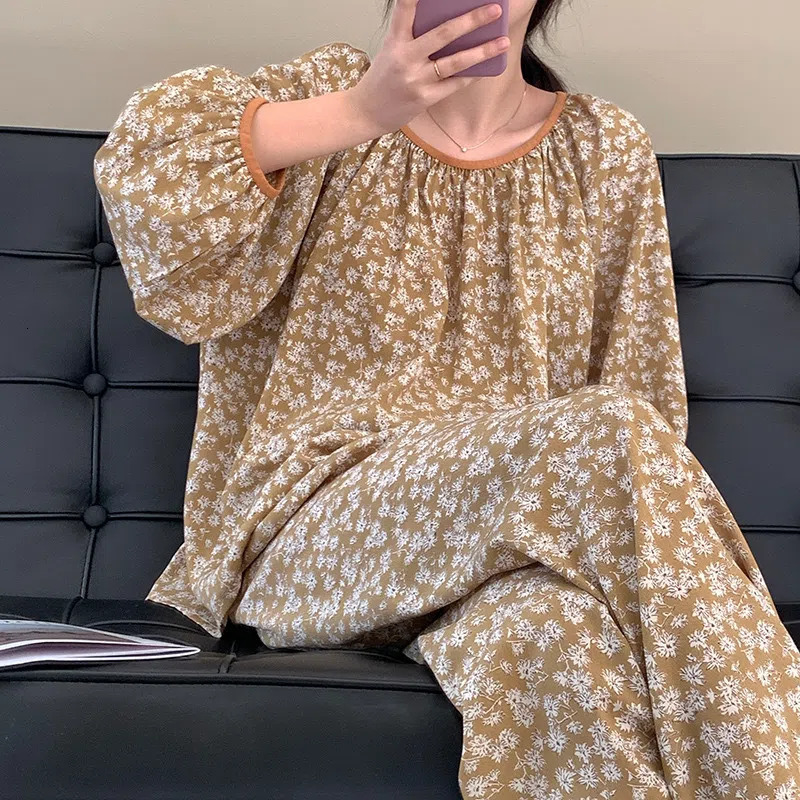Women's Sleepwear Pajama Sets Women Vintage French Style Casual Chic Comfortable Ladies O-neck Sleepwear Print Soft Ins Autumn Basic Lounge Daily