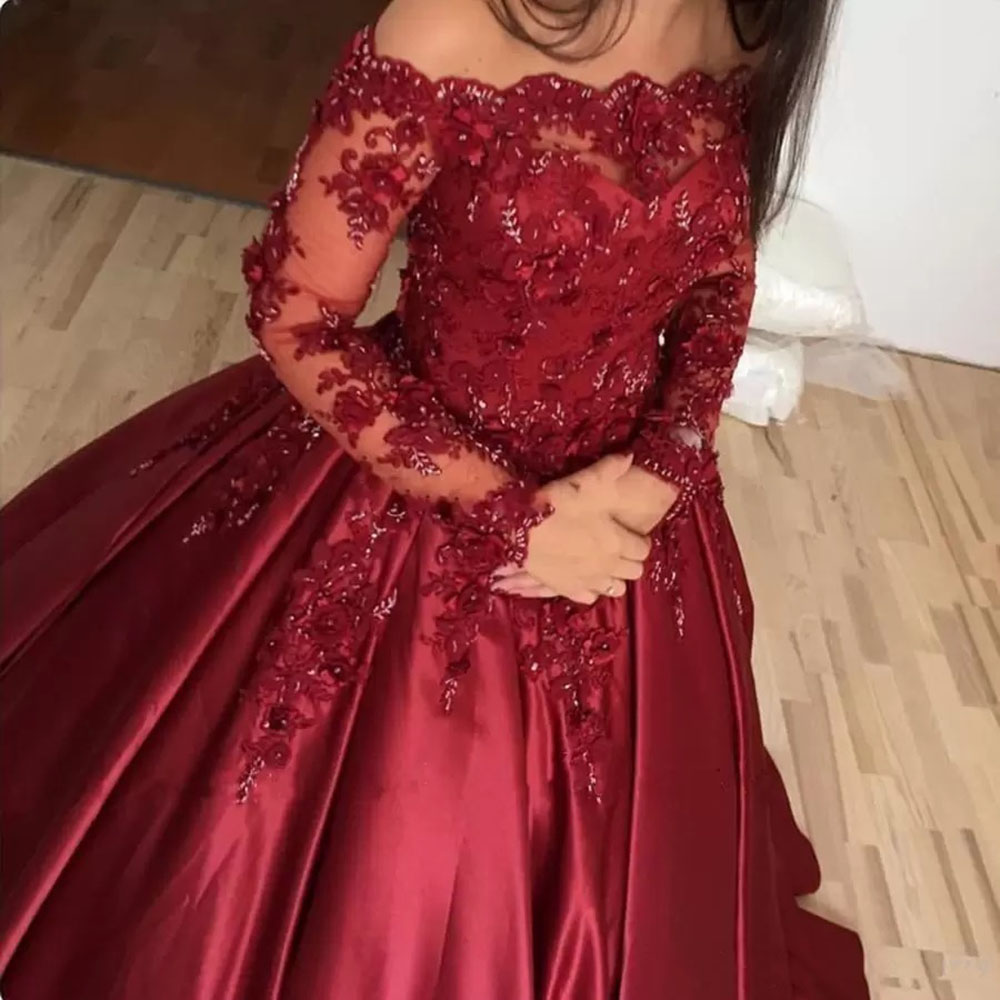 Wedding Dresses Burgundy Red Bridal Gowns A Line Long Sleeve Sweep Train Sequined Applique New Custom Lace Up Zipper Wed Dresses Wed One-Shoulder Bead