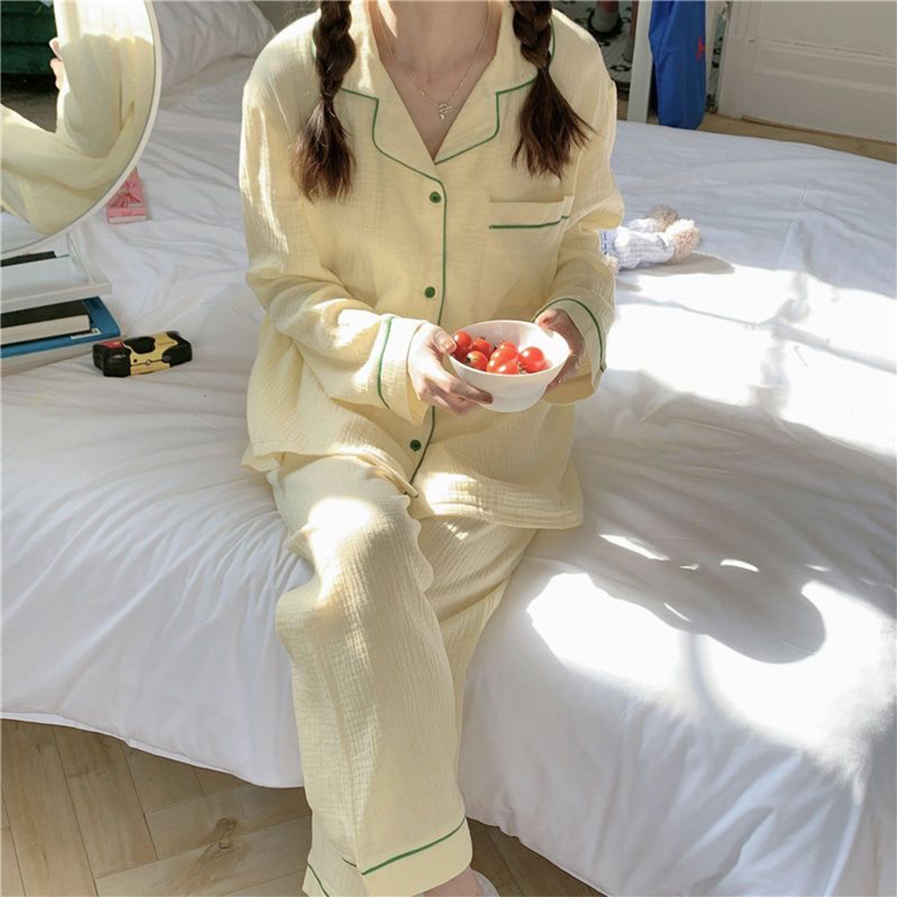 Women's Sleepwear 100%cotton Sweet Candy Color Gauze Cotton Solid Color Pajamas Set Long sleevePants Women Cute Homewear Casual Wear 230309