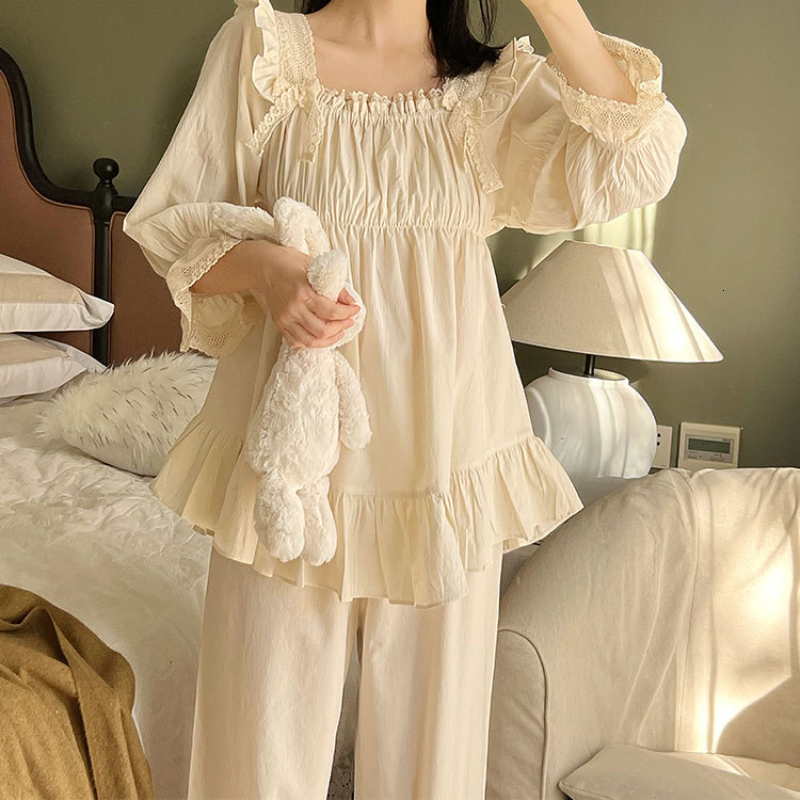 Women's Sleepwear Pure Cotton Vintage Pajamas Women Spring Autumn Sweet Lace Ruffles Sleep Tops Bottoms Long Pants Pajama Sets Princess Sleepwear