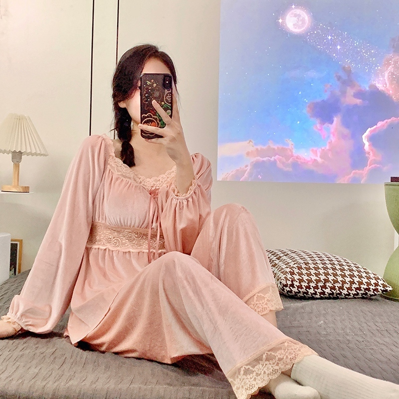 Women's Sleepwear Winter Long Sleeve sexy Lace V-neck Gold Velvet Pajama Sets for Women Korean Sleepwear Pyjama Homewear Pijama Mujer Clothes 230