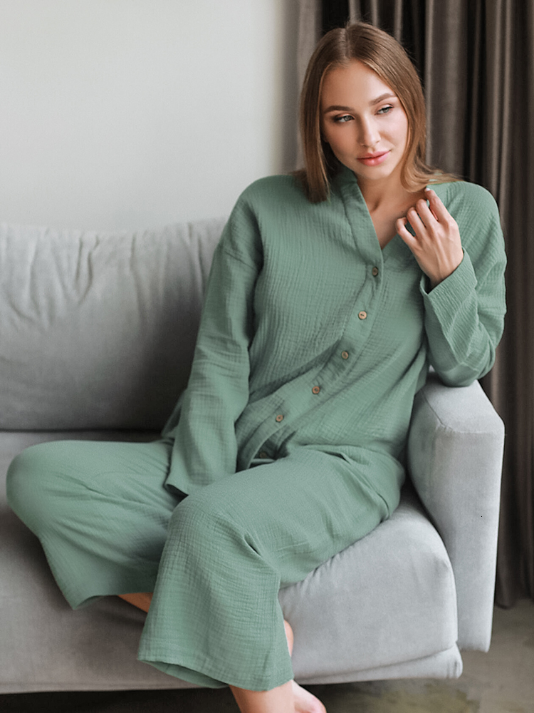 Women's Sleepwear Linad Cotton Women's Home Clothes Long Sleeve V Neck 2 Piece Sets Pajamas Loose Trouser Suits Winter Casual Female Sleepwe