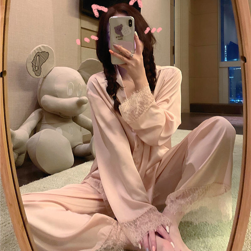 Women's Sleepwear Pijamas Women Silk Nightgown Spring Autumn Long Sleeve Trousers Sexy Lace Sleepwear V-neck Loose Casual Simple Thin Pajama Sets