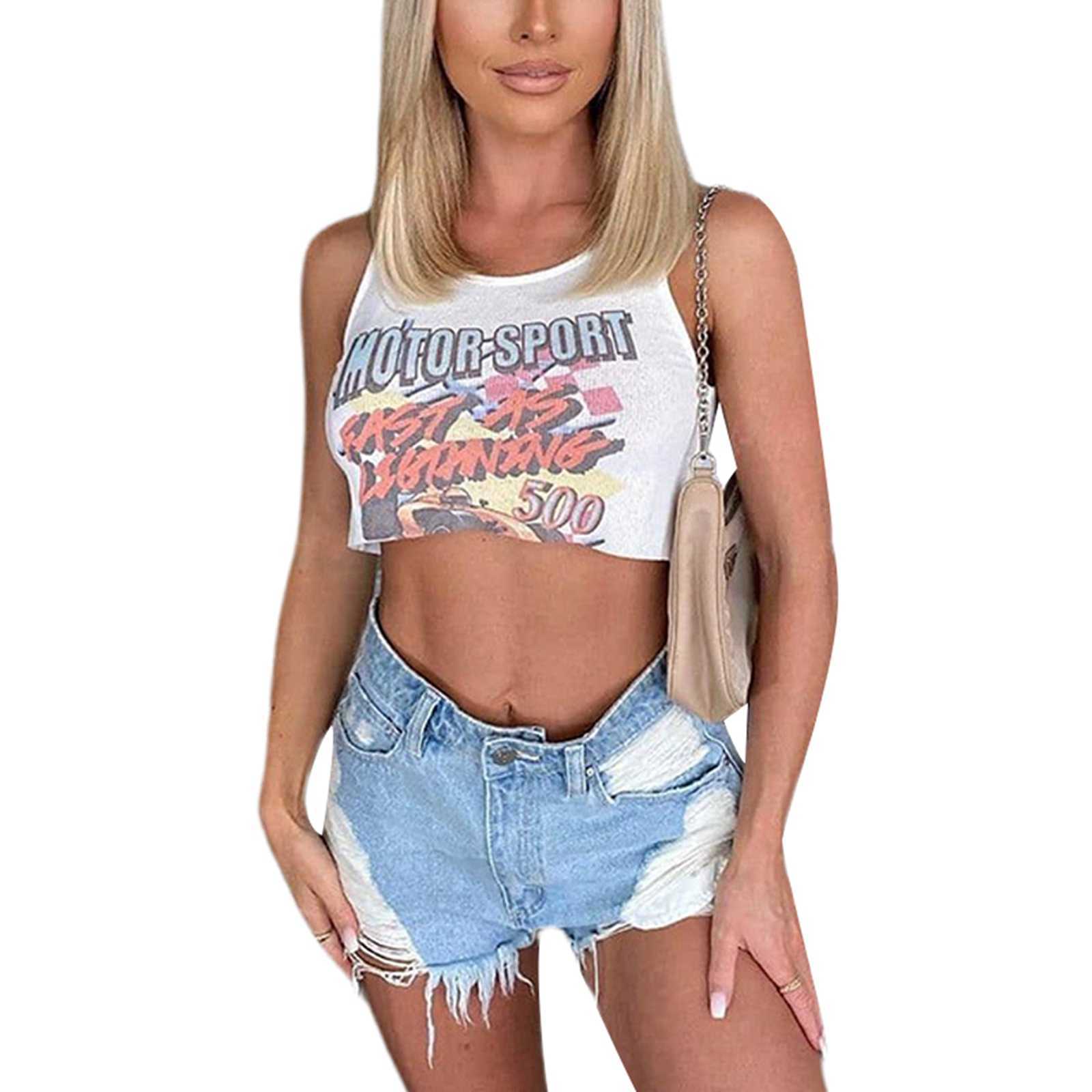 Women's Knits Tees Girls Summer Round Collar Camisole Ladies Caricature Letter Printing Sleeveless Midriff-baring Tank Top Slim Base Shirt W0306