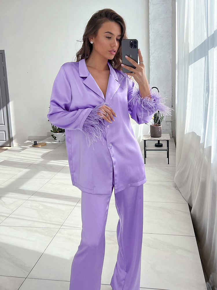 Women's Sleepwear Hiloc Feathers Satin Pajamas For Women Sets Lapel Splicing Sleepwear Women's Suit Single-Breasted Nightwear Winter Fashion