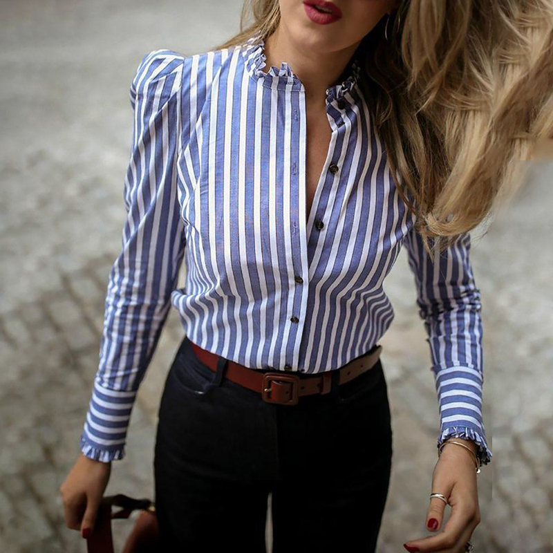 Women's Blouses Shirts Women Long Sleeve Striped Puffed Sleeve Frill Hem Casual Blouse Elegant Ladies Workwear Shirt Top Blusas Mujer 230309