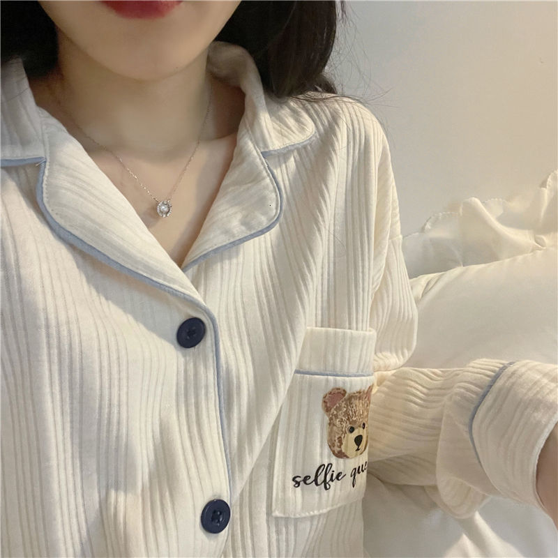 Women's Sleepwear Pajamas Women's Autumn and Winter Cardigan Sweet Simple Student Cute Cartoon Spring Loungewear Set 230309