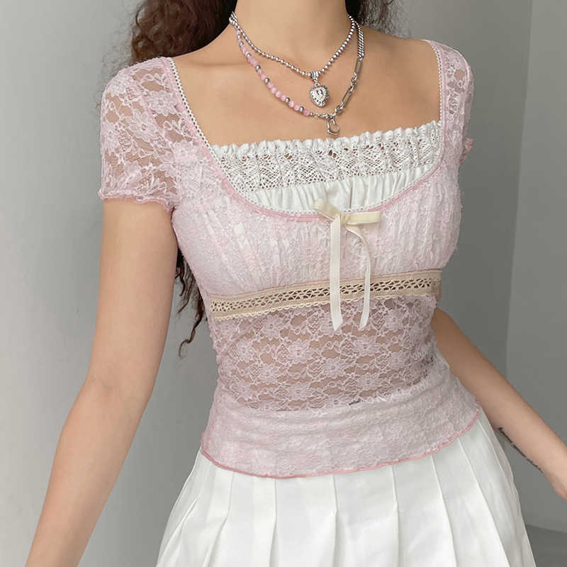 Women's Knits Tees Wome's Crop Top Summer Short Sleeve T-shirt Patchwork Transparent Lace Bow Decoration Clothes Tops Streetwear Y2k Summer 