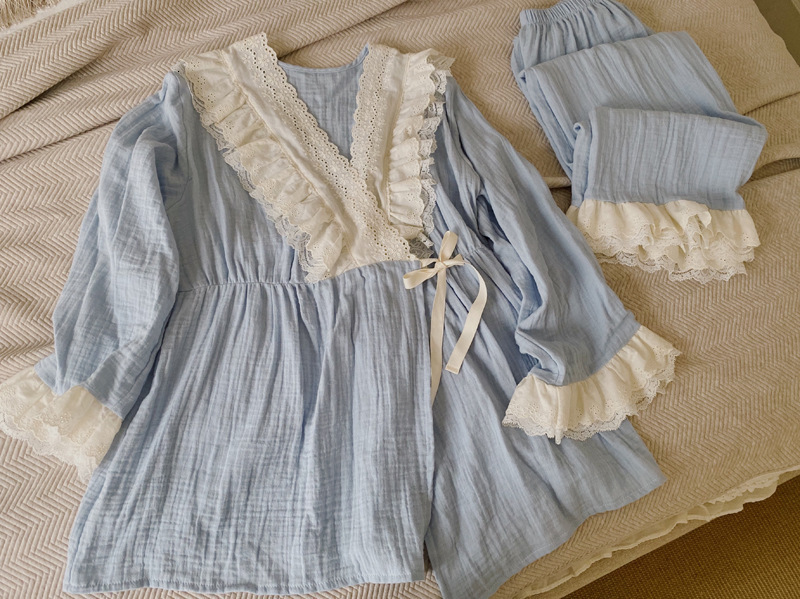 Women's Sleepwear Pajamas Women Autumn Cotton Sleepwear Lace sleeve Pajama set 230309