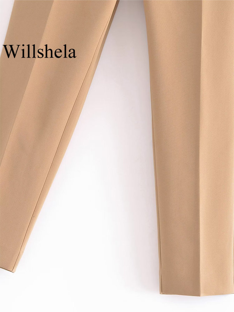 Women's Pants Capris Willshela Women Fashion With Button Solid Trousers Vintage High Elastic Waist Female Chic Lady Wide Leg Pants Mujer 230309