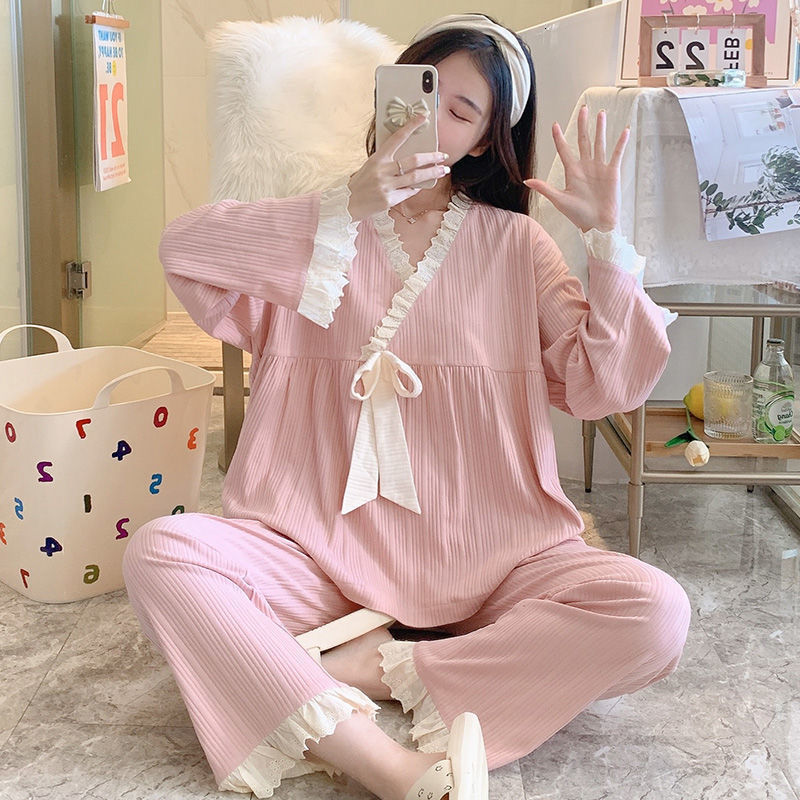 Women's Sleepwear Pajama Sets Women Sweet Girls Long Sleeve Lacework V-neck Pajamas Spring Fall Loose Cozy Kawaii Princess Retro Bowknot Female 2