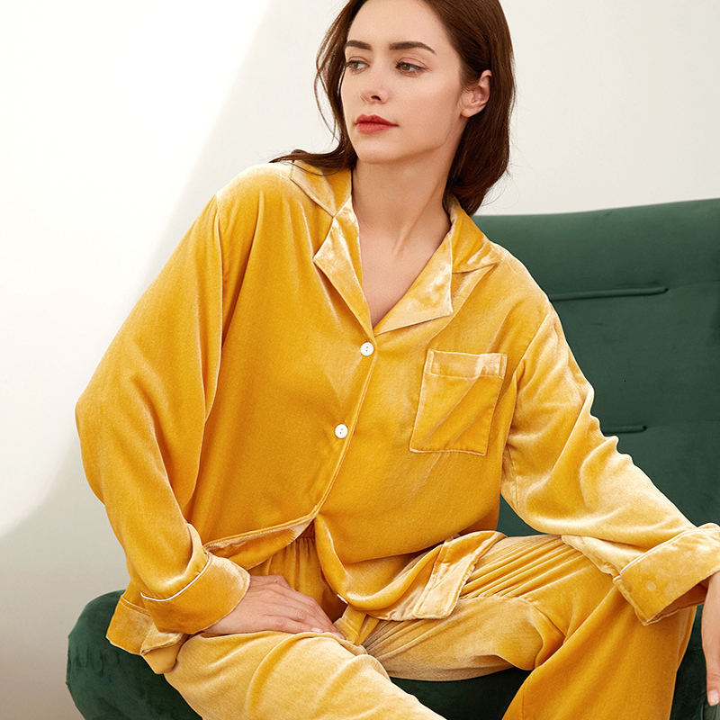 Women's Sleepwear Velvet Silk Pajamas Set for Women's Autumn and Winter 2 pieces Home Suit 100% Pure Silk Sleepwear Spring Home Service 2303