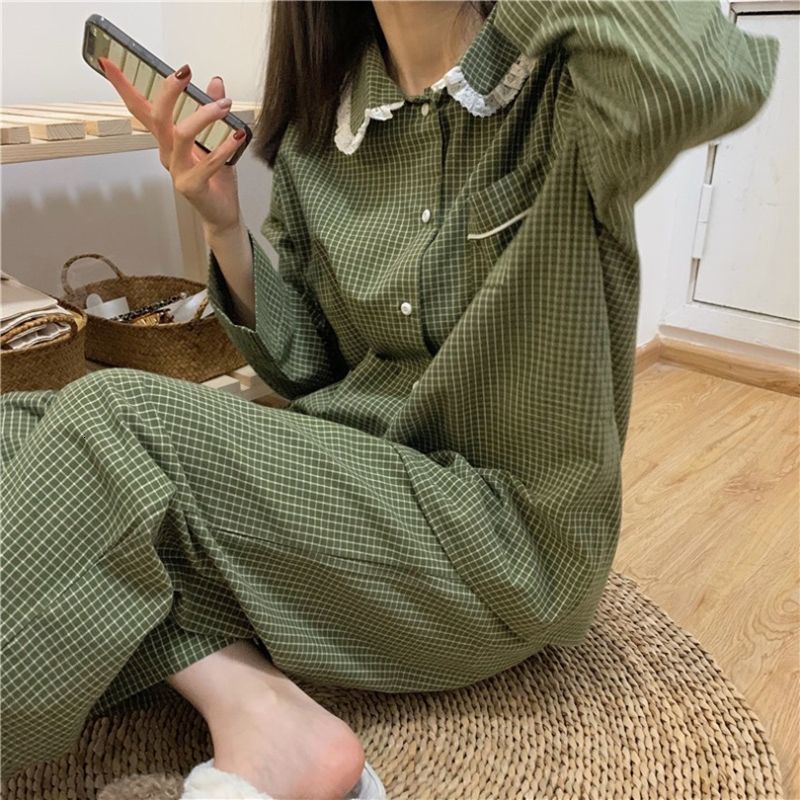 Women's Sleepwear Plaid Casual Pajama Sets Women Single Breasted Ins Japan Turn-down Collar Nightwear Spring Fall Elastic Waist Homewear Mujer 23