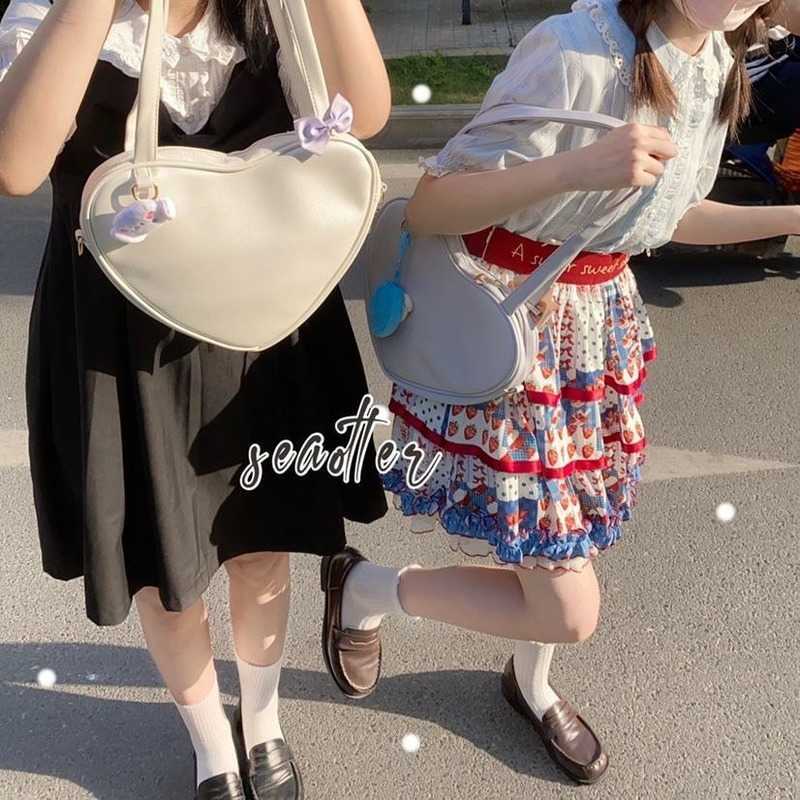 Shoulder Bags Sweet Cute Heart for Women Japanese Preppy Style Jk Lolita Kawaii Female Candy Color Handbags Pouch 230309