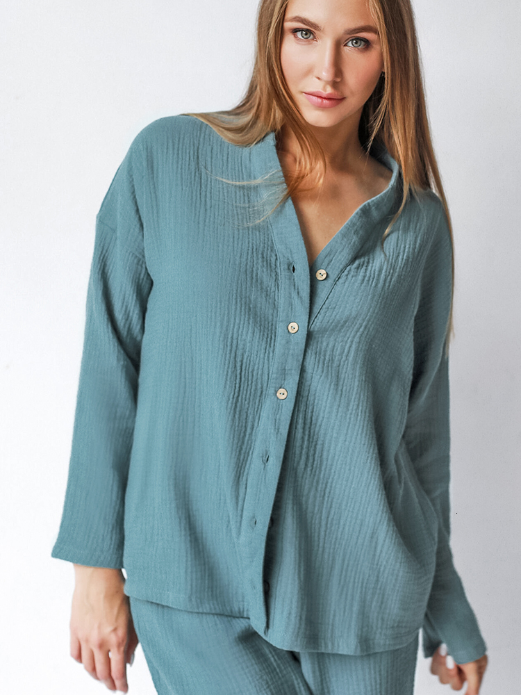 Women's Sleepwear Linad Cotton Women's Home Clothes Long Sleeve V Neck 2 Piece Sets Pajamas Loose Trouser Suits Winter Casual Female Sleepwe