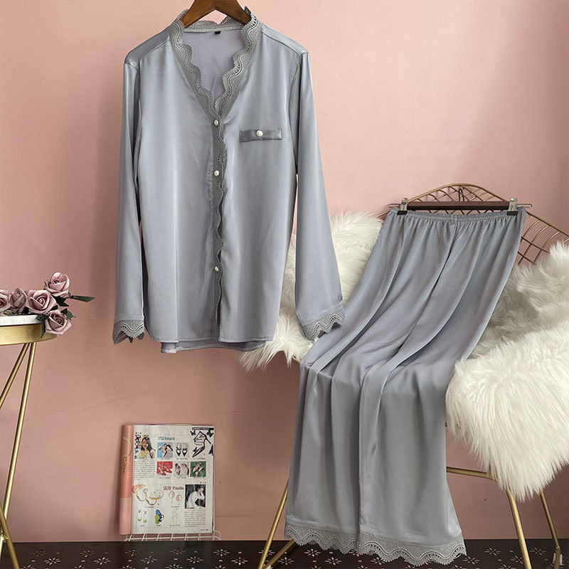 Women's Sleepwear Lisacmvpnel Spring Pajamas Women's Ice Silk Long Sleeve Solid Lace Suit Pyjamas 230309