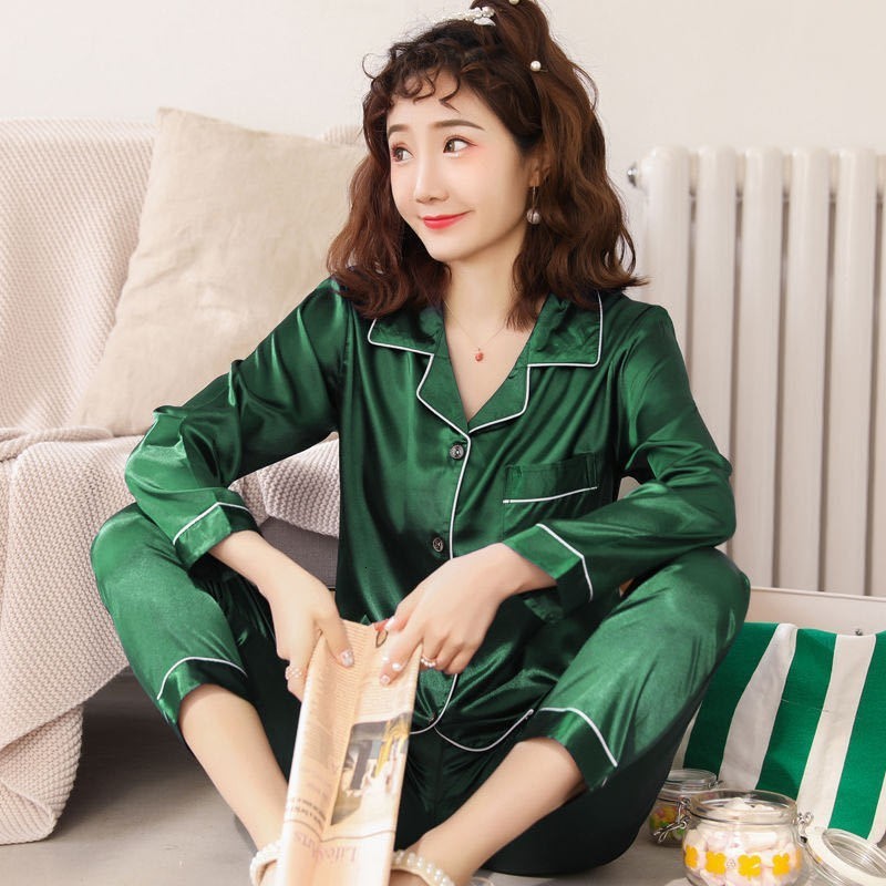 Women's Sleepwear OVERSIZE 3XL 4XL 5XL Women Sleepwear Satin 2PCS Shirt Pants Pajamas Set Solid Nightwear Silky Intimate Lingerie Casual Homewear