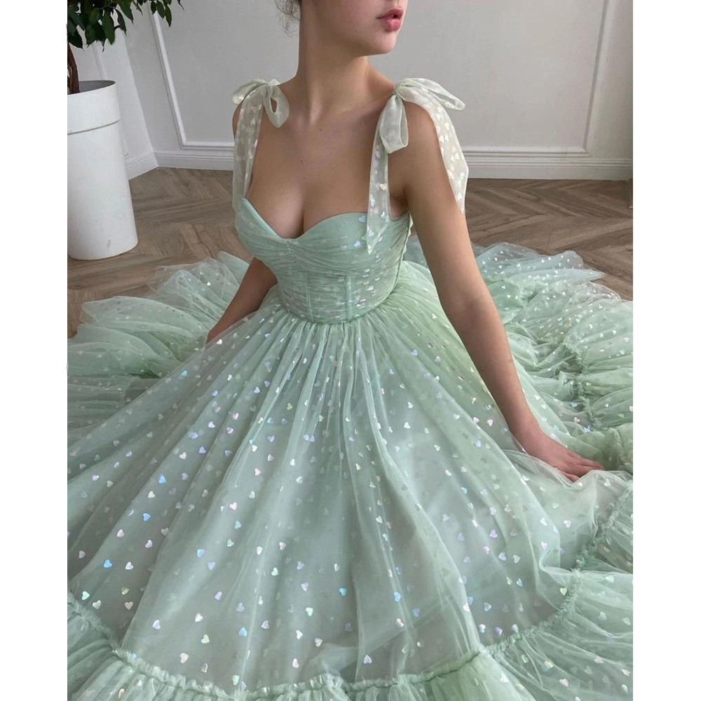 Mint Green Hearty Dresses Tied Bow Straps Sweetheart Midi Prom Gowns Pockets Tea-Length Evening Party Dress